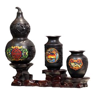 山东非遗章丘龙山黑陶工艺品珐琅彩葫芦摆件步步高升高档升职礼物