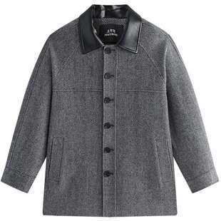 【商场同款】太平鸟男装潮流PU皮领子拼接宽松毛呢大衣B1AAF440F@