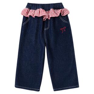 嘟嘟家女童牛仔裤冬季宝宝唐装裤子加绒喜庆年装女孩阔腿裤拜年服