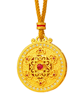 镀金玫红镶钻花丝如意罗盘项链