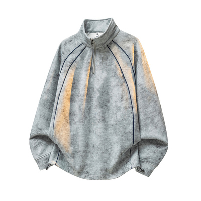 半拉链扎染做旧脏脏立领卫衣外套