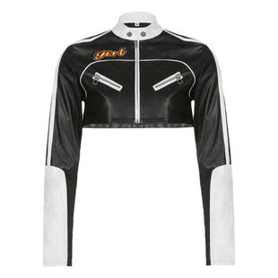 #FabGirls# 嬉皮士字母贴布绣拉链拼色短款机车外套 百搭辣妹皮衣