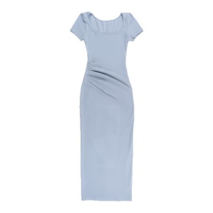 instahot 温柔知性U领短袖连衣裙女2025夏季新款收腰简约包臀长裙