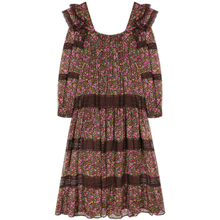 落落狷介 连衣裙女2025新款冬碎花裙方领雪纺蕾丝拼接裙子小个子