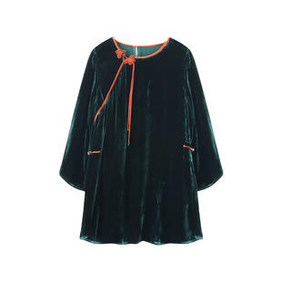 萧娘【青山满福】真丝植绒上衣女中长款圆领套头中式上衣XNA5818