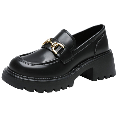 大东官方正品黑色厚底乐福小皮鞋