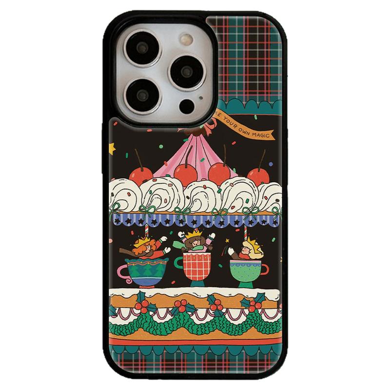 玩壳总动员原创魔法旋转茶杯适用iPhone17promax黑边滴胶手机壳氛围感复古苹果16plus可爱格子小众15防摔1