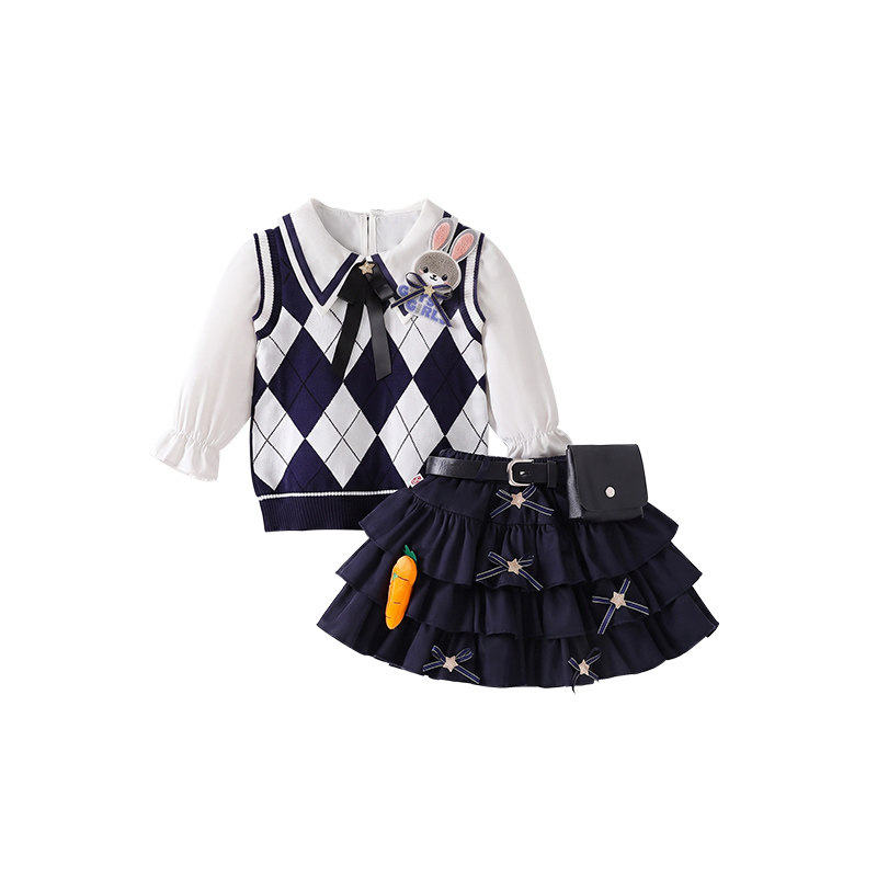 女童秋装新款三件套兔子警官儿童生日衣服毛衣套装jk学院风裙子