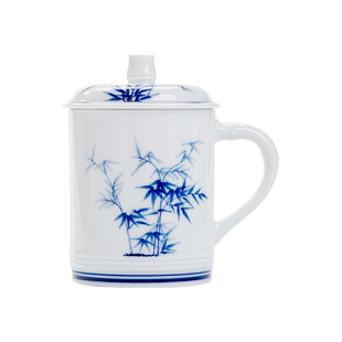 景德镇官方陶瓷釉下手绘青花大容量中式带盖办公杯喝茶杯自用送礼