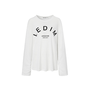 LEDIM WANG雪花棉长袖T恤女2026春新款白色字母印花打底宽松上衣