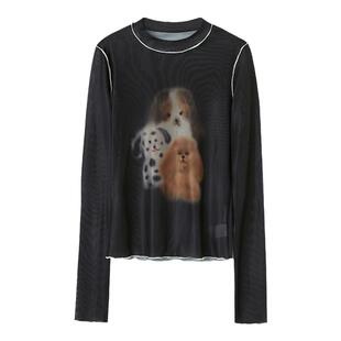 DIDDIMODA可爱小狗印花长袖皮肤衣朦胧感黑色微透光滑亲肤T恤上衣