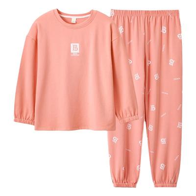 带胸垫100%纯棉长袖加厚睡衣女春秋冬季休闲简约圆领套头家居服套