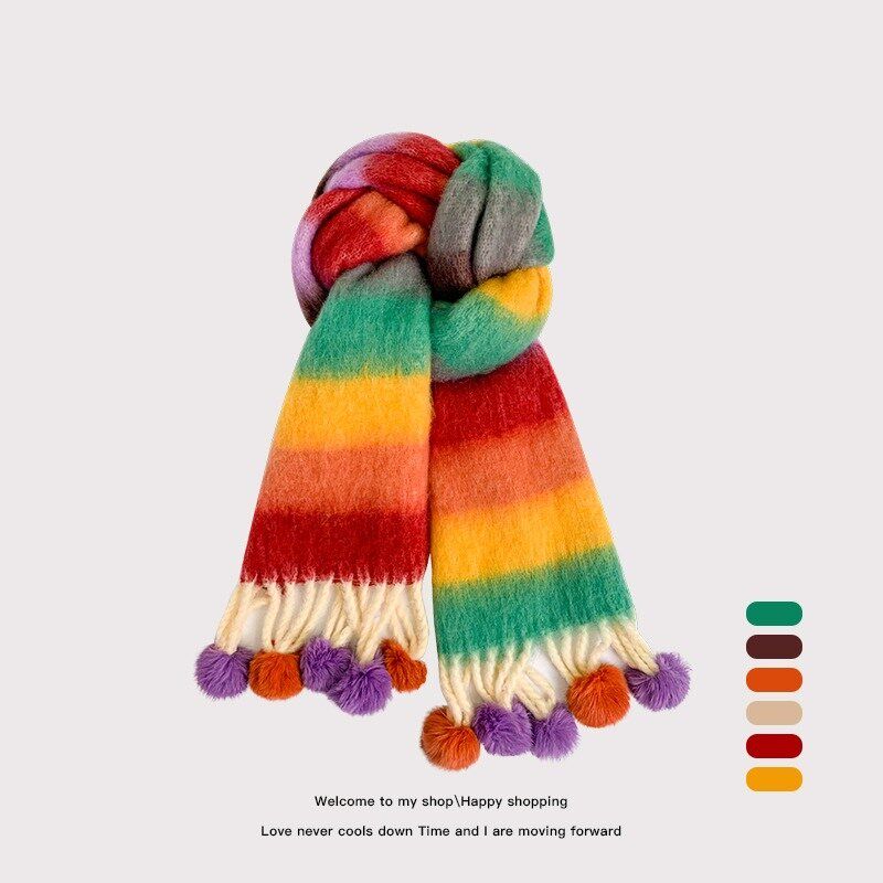 多巴胺彩虹条纹马海毛围巾女冬季软糯保暖真兔毛毛球长款披肩围脖
