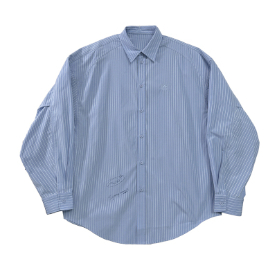 Aurocean 学院少年浅蓝色细条纹衬衫 刺绣手绘涂鸦肌理感大版衬衣