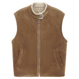 Basic House/百家好复古仿麂皮马甲女秋冬羊羔毛加厚无袖马夹外套