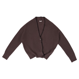 JUST SHINE 深棕色针织开衫女宽松V领外搭复古慵懒风交叉毛衣外套