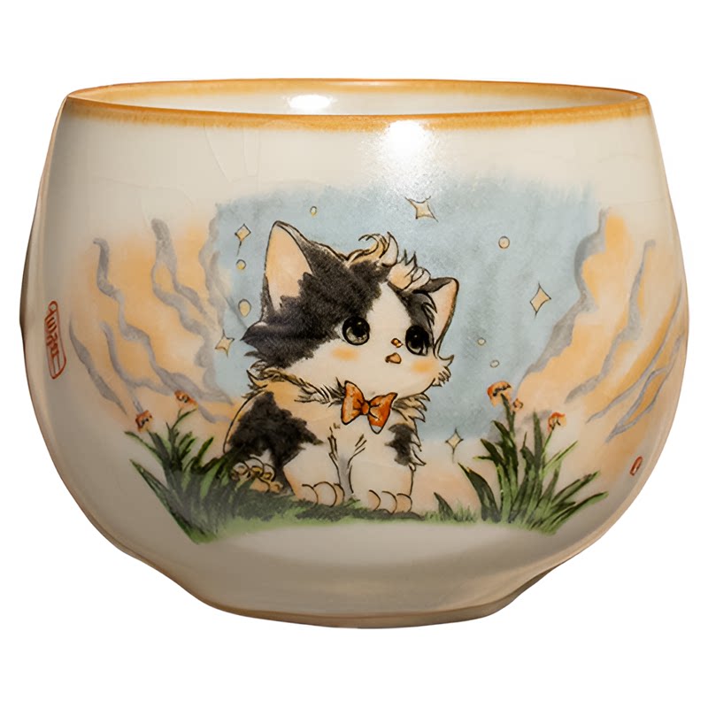 汝窑可爱猫小禅定杯茶杯家用高档主人杯单杯定制茶盏品茗功夫茶具