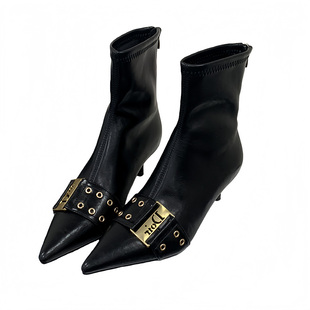 瘦瘦靴欧美时尚皮带装饰尖头时装靴细高跟短筒短靴女气质弹力靴子