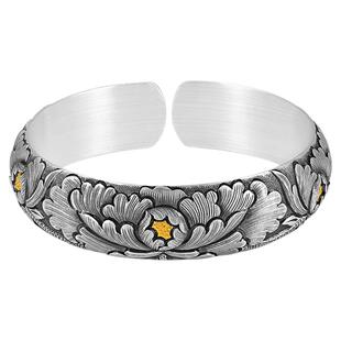 银千造 牡丹花银手镯足银999实心开口泥鳅背纯手工非遗镶金银镯子