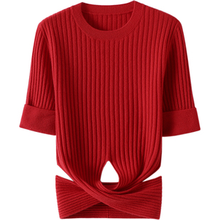 舞会进行时！腰部缠绕绑带坑条羊绒衫女圆领纯羊绒毛衣短袖秋冬