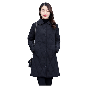 轻薄羽绒服女中长款2025年冬季新款小个子显瘦菱形格工装黑色外套