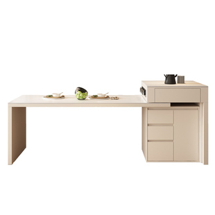 意式极简法式奶油风导台可伸缩岛台餐桌一体式家用倒台岩板餐桌