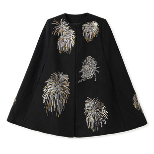 秋冬新款高定复古烟花钉珠设计宽松气质时尚外套羊毛斗篷女 M9169