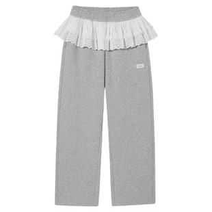 PSO Brand女装假两件拼接蕾丝边直筒灰色卫裤宽松拖地裙裤春季