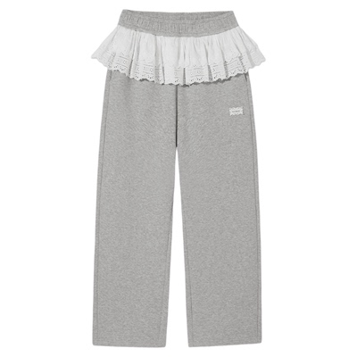 PSO Brand 女装假两件拼接蕾丝休闲直筒灰色卫裤宽松拖地裙裤秋季