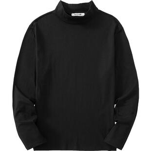 重磅纯棉长袖t恤男纯色白色半高领内搭打底衫加绒加厚中领秋衣服