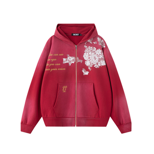 GOST朋克美式复古设计感廓形蕾丝印花洗褪开衫连帽卫衣外套女