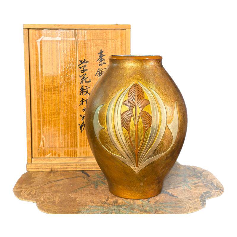 日本回流铜花瓶日式手工嵌银花器客厅禅意插花摆件收藏工艺品B8