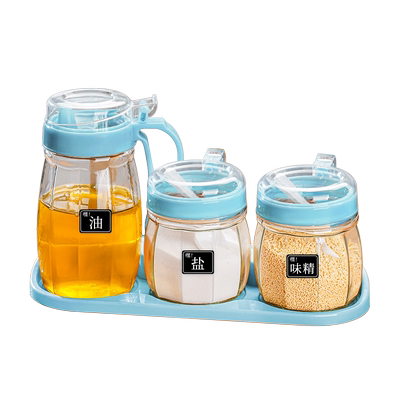 家用厨房玻璃调料罐有勺盖组合装