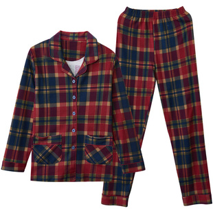 圆人睡衣男春秋季纯棉长袖可外穿格子新款红色开衫大码家居服套装