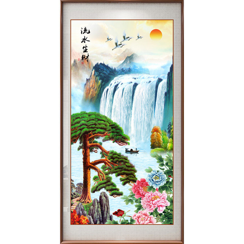 入户玄关装饰画新中式客厅走廊过道竖版招财风水挂画流水生财壁画