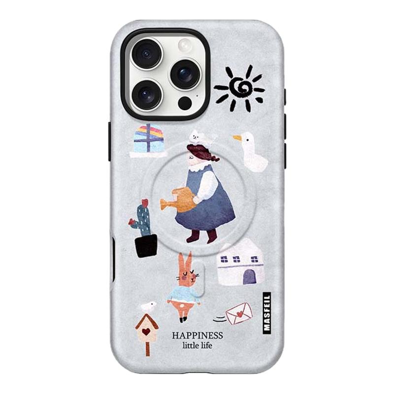 MASFEIL × 插画浇花适用苹果16Promax手机壳新款Lo8磁吸带支点支架iPhone15Pro保护套高级感文艺风女14pm