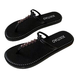 细细条 法式串珠平底人字拖ins高级感夏季女士外穿海边夹脚凉拖鞋