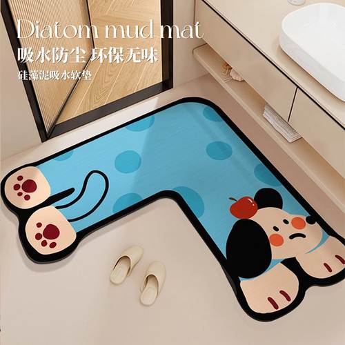 蓝色小狗L形浴室地垫硅藻泥吸水脚垫卫生间厕所门口防滑防摔地毯