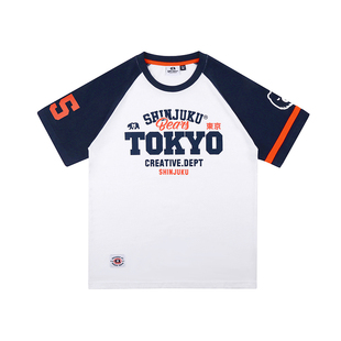 MCREW TOKYO SHIJUKU东京新宿白色蓝麻藏青纯棉印花插肩袖圆领T恤