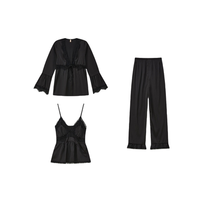 法式性感真丝睡衣蕾丝女款三件套