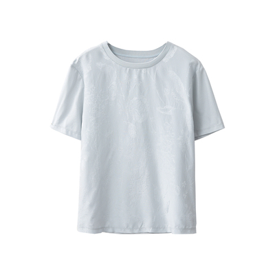 一丝牵 轻奢桑蚕丝提花+棉拼接真丝圆领短袖T恤宽松显瘦圆领上衣