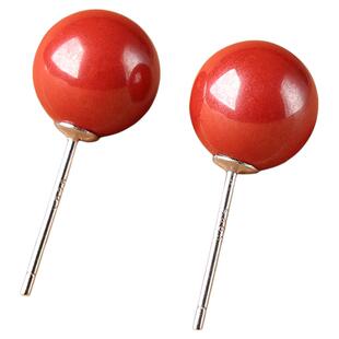 帝王砂朱砂散珠素面s925纯银耳钉女妈妈款耳饰感红色耳环复古饰品