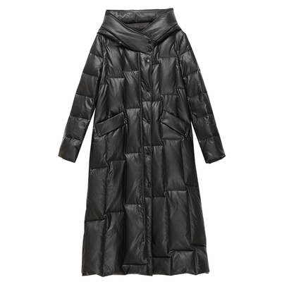 真皮羽绒服女长款加厚连帽皮外套