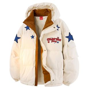 查尔斯桃心90鸭绒连帽羽绒服男冬季星星印花加厚保暖拼色情侣外套