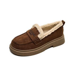 羊羔绒乐福鞋女加绒复古圆头一脚蹬保暖棉鞋厚底小皮鞋冬季毛毛鞋
