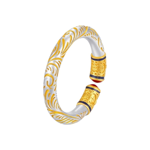 足银9999描金唐草纹戒指女款纯银新中式国风开口指环珐琅吉言戒子