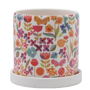 北欧创意花朵陶瓷花盆大小号有孔透气陶盆带托盘鲜花绿植多肉专用