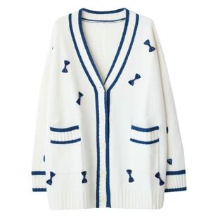 KAKA巴黎秀款重磅山羊绒V领单排扣蝴蝶结法式浪漫宽松开衫毛衣特