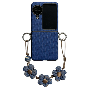 轻调 网红奢华深蓝草席纹花朵手提绳适用于oppo findn3/2flip手机壳新款折叠屏网红超薄翻盖防摔保护套手机壳