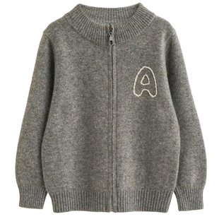 男童100%纯山羊绒拉链开衫简洁字母宝宝秋冬毛衣双股加厚针织外套